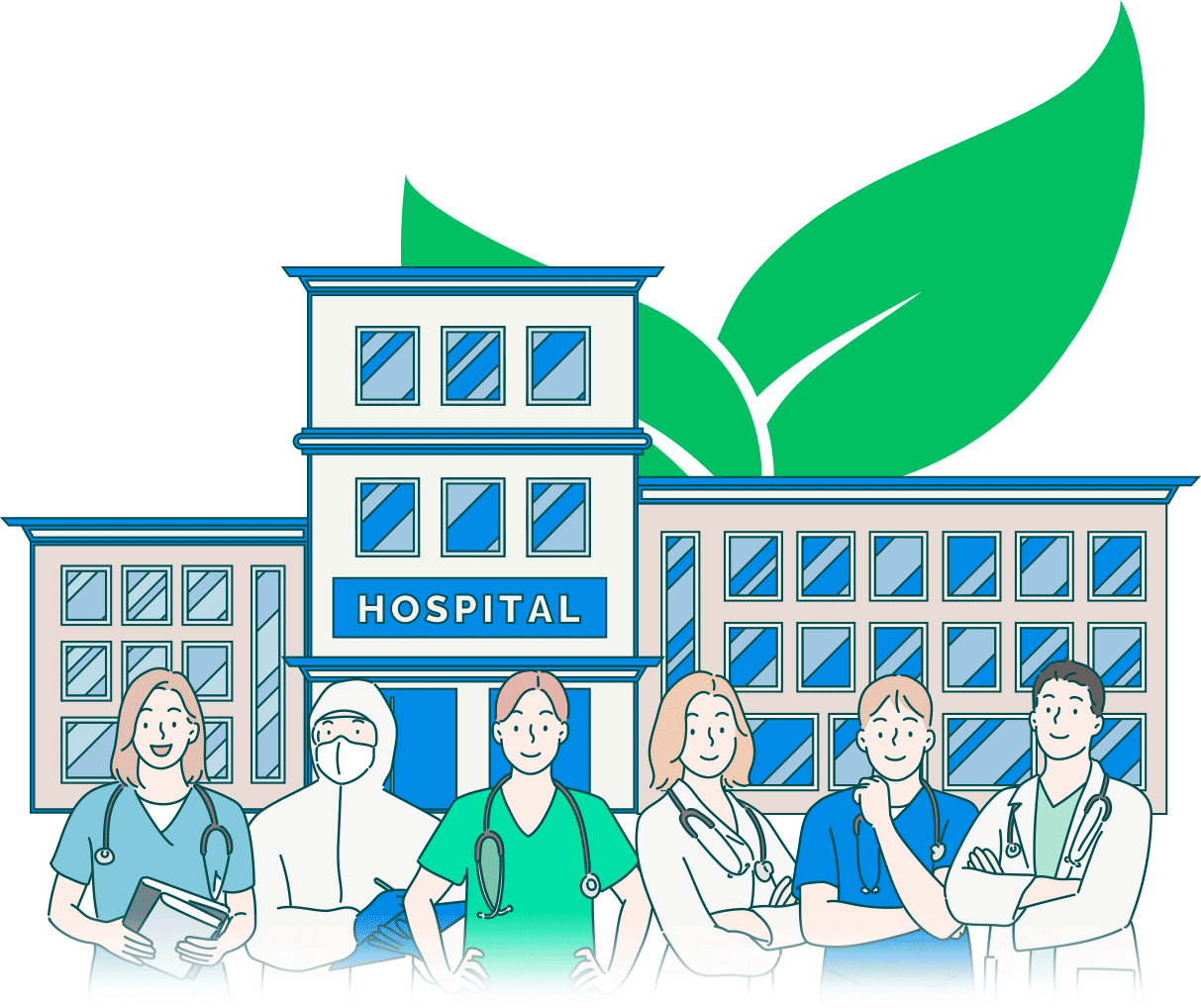 Illustration of a sustainable hospital with nature elements