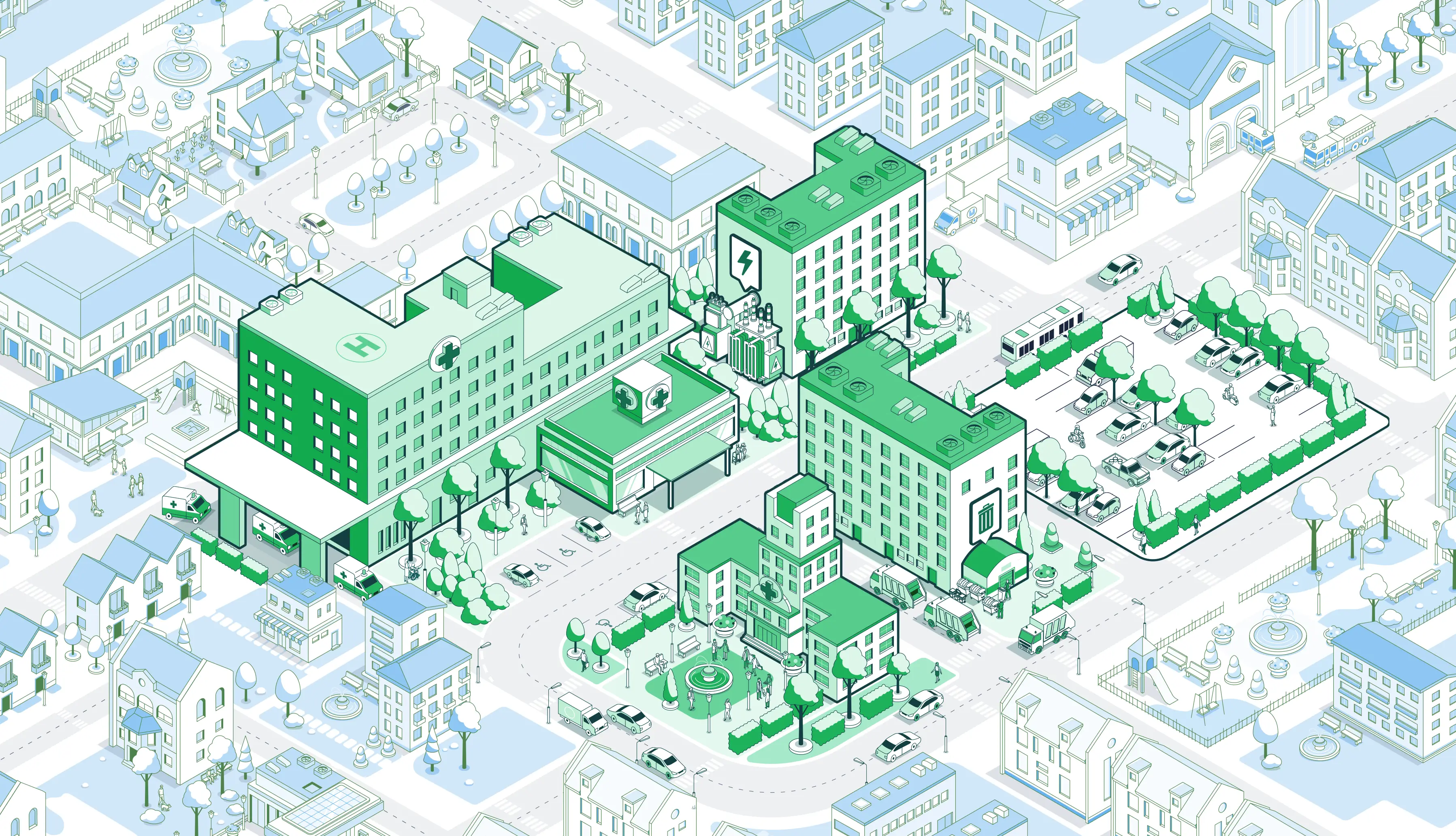 Isometric illustration of a sustainable hospital campus